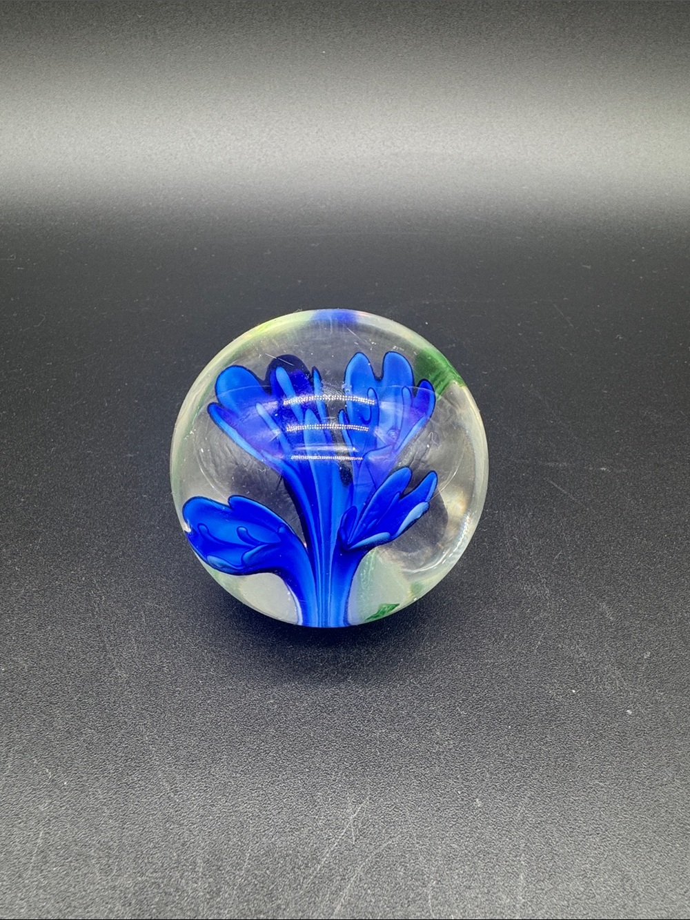Handblown Blue Glass Flower Paperweight Vintage